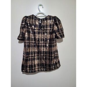 THML‎ Sequin Plaid Top Womens Medium Gold Black New Puff Sleeve